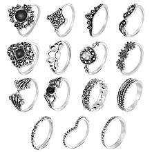 Honeyhandy 15Pcs 15 Style Crystal Rhinestone Rhombus & Lotus & Crown Finger Rings Set, Alloy Stackable Rings for Women, Antique Silver, Inner Diameter: 15.5~17.5mm, 1Pc/style