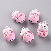 Honeyhandy Baking Painted Brass Bell Pendants, Maneki Neko/Beckoning Cat, Pink, 26.5x17x16mm, Hole: 2mm