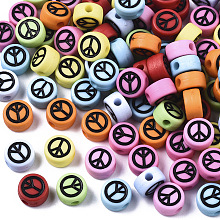 Honeyhandy Opaque Acrylic Beads, with Enamel, Flat Round with Peace Sign, Mixed Color, 7x4mm, Hole: 1.6mm, about 3650pcs/500g