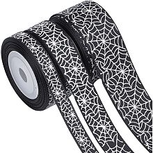 GORGECRAFT 15Yards Halloween Wired Edge Ribbon 9/16/25mm Wide Spider Web Lace Ribbon Black Printed Polyester Grosgrain Striped Ribbons for Wreath Costume Decoration DIY Crafting Home Decor