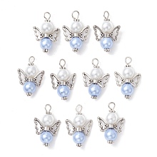 Honeyhandy 10Pcs Glass Pendants, with Alloy Finding, Angel Charms, Antique Silver, 27.5x18x8.5mm, Hole: 3mm