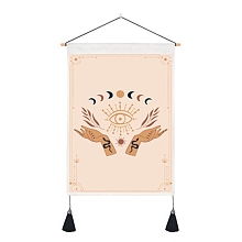 Honeyhandy Tarot Pattern Polycotton Wall Hanging Tapestry, Vertical Tapestry, with Wood Rod & Iron Traceless Nail & Cord, for Home Decoration, Rectangle with Palm/Eye Pattern, Sandy Brown, 500x350mm