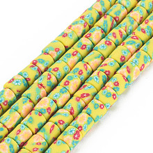 Handmade Polymer Clay Bead Strands, Column with Flower, Light Khaki, 6x5mm, Hole: 1mm, about 63pcs/strand, 15.75''(40cm)