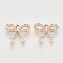 Honeyhandy Light Gold Plated Alloy Pendants, with Enamel, Bowknot, Pink, 16x18x2.5mm, Hole: 2mm