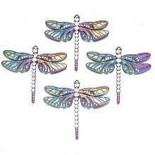 Rack Plating Rainbow Color Alloy Big Pendants, with Crystal Rhinestone, Cadmium Free & Nickel Free & Lead Free, Dragonfly, Multi-color, 64.5x70x5mm, Hole: 1.8mm