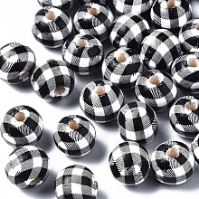 Honeyhandy Printed Natural Wooden Beads, Round with Check Pattern, Black & White, 12x11mm, Hole: 3mm