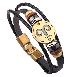 Honeyhandy Braided Leather Cord Retro Multi-strand Bracelets, with Wood Beads, Hematite Beads and Alloy Findings, Flat Round,  Antique Bronze, Aries, 8-1/4 inch(21cm)