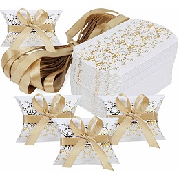 Honeyhandy Paper Pillow Candy Boxes, Gift Boxes, with Ribbon, for Wedding Favors Baby Shower Birthday Party Supplies, Gold, Box: 9x6.5x2.5cm, 50pcs/set