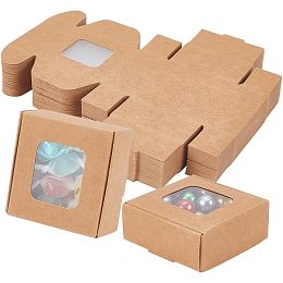 BENECREAT 48 Packs 2.2x2.2x1 Inch Brown Kraft Paper Box with Clear Windows Foldable Paper Gift Box Goodies Candy Box Dessert Box for Party Wedding Bakery Packaging