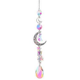 Honeyhandy Glass Moon Hanging Suncatcher Pendant Decoration, Teardrop Crystal Ceiling Chandelier Ball Prism Pendants, with Alloy & Iron Findings, Colorful, 420~430mm