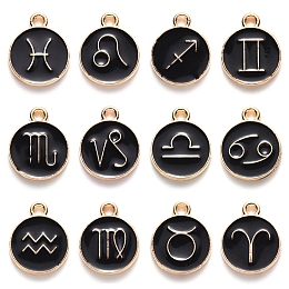 Honeyhandy Alloy Enamel Pendants, Light Gold, Flat Round with Constellation, 12 Constellations, 15x12x1.5mm, Hole: 1.5mm, about 12pcs/set