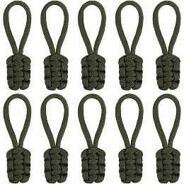 GORGECRAFT 10PCS Zipper Pulls Replacement Universal Nylon Zipper Repair Kit Zipper Slider Pull Tab Zipper Fixer Metal Zipper Head Hand Woven Pull Rope Zipper Handle Cord Pull Tab, Dark Olive Green