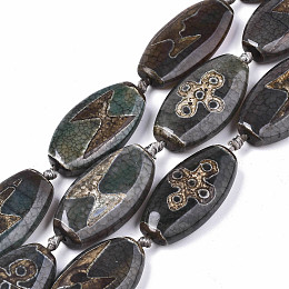 Honeyhandy Tibetan Style dZi Beads, Natural Agate Beads Strands,  Dyed & Heated, Oval, Lighting & 5-Eye Pattern, Sea Green, 39~40x20~24x9~11mm, Hole: 2.5mm, about 8pcs/strand, 14.96 inch(38cm)