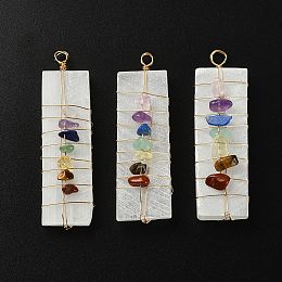 Honeyhandy Chakra Jewelry, Natural Selenite Home Decorations, with Brass Wire Wrapped and Natural Gemstone Chip Beads, Rectangle, 45~60x17~20x4~7mm, Beads: 6~8x2~5mm