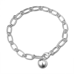 Honeyhandy SHEGRACE 925 Sterling Silver Charm Bracelets, with Oval & Ring Links, Lobster Claw Clasps and Round Beads, Silver, 7-7/8 inch(20cm)