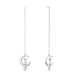 Arricraft 925 Sterling Silver Dangle Stud Earrings, Moon with Cat, Platinum, 88mm