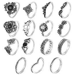 Honeyhandy 15Pcs 15 Style Crystal Rhinestone Rhombus & Lotus & Crown Finger Rings Set, Alloy Stackable Rings for Women, Antique Silver, Inner Diameter: 15.5~17.5mm, 1Pc/style