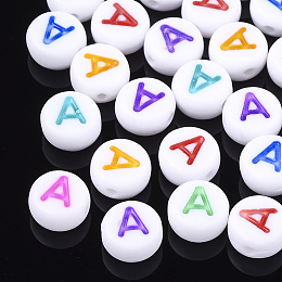 Honeyhandy Initial Acrylic Beads, Horizontal Hole, Flat Round, Mixed Color, Letter.A, 7x3.5~4mm, Hole: 1.2mm, about 3700pcs/500g