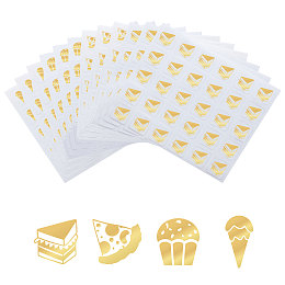 Olycraft 80 Sheets 4 Patterns PVC Waterproof Self-Adhesive Sticker Sets, Cartoon Decals for Gift Cards Decoration, Gold Color, Cake Pattern, 100x78x0.1mm, Stickers: 12x12mm, 30pcs/sheet, 20 sheets/pattern