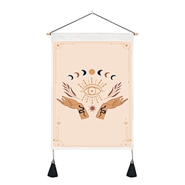 Honeyhandy Tarot Pattern Polycotton Wall Hanging Tapestry, Vertical Tapestry, with Wood Rod & Iron Traceless Nail & Cord, for Home Decoration, Rectangle with Palm/Eye Pattern, Sandy Brown, 500x350mm