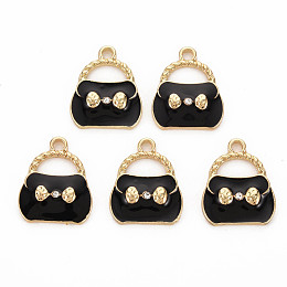 Honeyhandy Alloy Enamel Pendants, with Crystal Rhinestone, Light Gold, Bag, Black, 19x16x3mm, Hole: 2mm