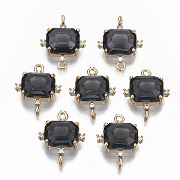 Honeyhandy Glass Links connectors, with Brass Micro Pave Cubic Zirconia, Faceted, Cuboid, Light Gold, Black, 17.5x14x5.5mm, Hole: 1.2mm