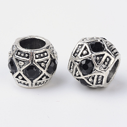 Honeyhandy Alloy Rhinestone Rondelle Large Hole European Beads, Antique Silver, Jet, 11x9mm, Hole: 5mm