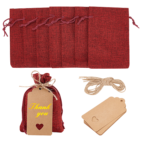 NBEADS 10 Pcs Burlap Drawstring Gift Bags, 13.5x9.5 cm Red Burlap Packing Pouches Jewelry Pouches Gift Wrapping Bags with Kraft Gift Tags Jute Cord for Christmas Wedding Party Favors