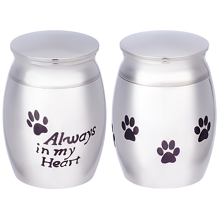 CREATCABIN 2Pcs Small Paw Print Pet Urns Always in My Heart Memorial Ashes Holder Mini Engraved Urns Metal Cremation Keepsake Stainless Steel Urns for Pet Dog Cat Puppy Rabbit 1.18 x 1.57 Inch Sliver