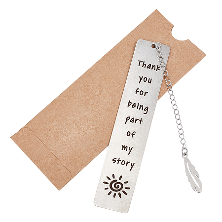 CRASPIRE Stainless Steel Bookmarks Silver Lettering Bookmarks with Feather Pendant with Kraft Paper Bag for Book Lovers Teacher Students (Thank you for being part of my story)