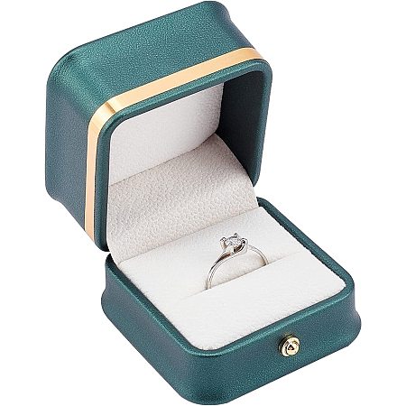 GORGECRAFT Gorgeous Ring Box with Golden Border Square Leather Ring Gift Boxes with Velvet Inside for Engagement Proposal Wedding Rings Organiser Jewelry Storage Case, Dark Green