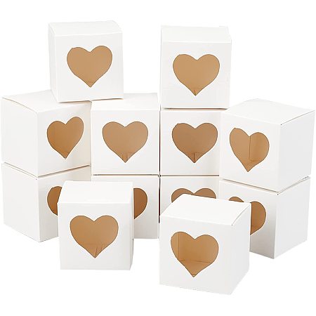 FINGERINSPIRE 50pcs Gift Packaging Box Side with Heart Hollow Window, 2x2x2 Inch Square White Foldable Creative Kraft Paper Box for Wedding Favour Boxes, Gift Biscuits Packaging