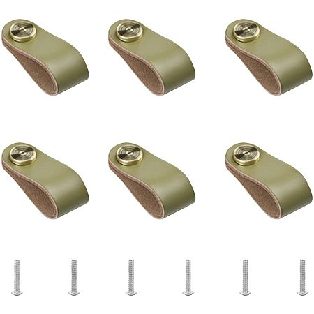 GORGECRAFT 6Pcs Leather Drawer Pull Nordic Wardrobe Cabinet Door Handle with Nut Screws for Cabinets Cupboards Wardrobe Dresser - 140x25mm, Olive