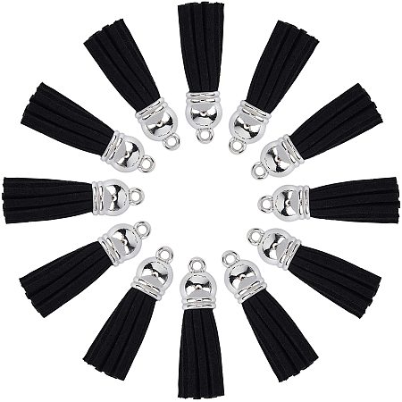 CHGCRAFT 100pcs Black Suede Tassels with Platinum CCB Plastic Findings Suede Tassels for Keychain Cell Phone Straps DIY Necklace Earring Dangle Charms 38x10mm, Hole 2mm