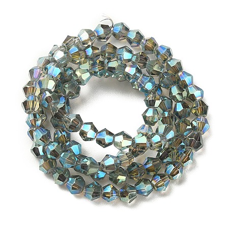 Honeyhandy Transparent Electroplate Glass Bead Strands, Rainbow Plated, Faceted Bicone, Medium Sea Green, 4x4.5mm, Hole: 1mm, about 92~96pcs/strand, 13.78~14.37 inch