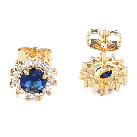 Honeyhandy Cubic Zirconia Flower Stud Earrings, Golden Brass Jewelry for Women, Nickel Free, Marine Blue, 11x11mm, Pin: 0.7mm