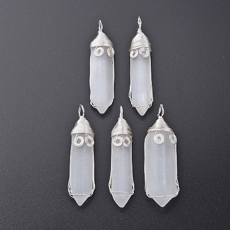 Honeyhandy Natural Selenite Big Pendants, with Brass Findings, Rack Plating, Bicone, Silver, 64~70x12~20x7~14mm, Hole: 6mm