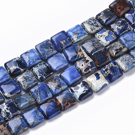 Honeyhandy Natural Imperial Jasper Beads Strands, Dyed, Flat Slice Square Beads, Blue, 10x10x4mm, Hole: 1mm, about 38~40pcs/Strand, 15.16 inch(38.5cm)