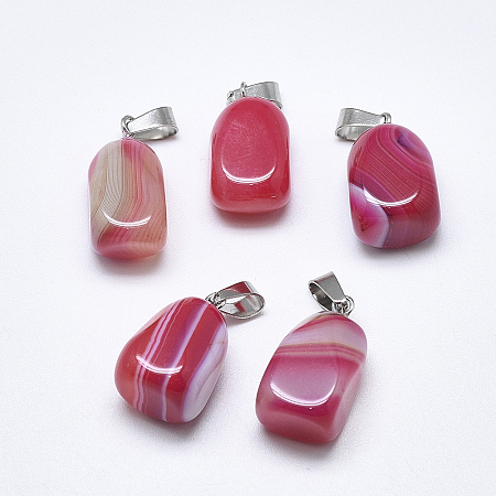 Honeyhandy Natural Banded Agate/Striped Agate Pendants, Dyed, with Stainless Steel Snap On Bails, Cuboid, Stainless Steel Color, Red, 20~23x9~13x9~13mm, Hole: 3~4x7~8.5mm