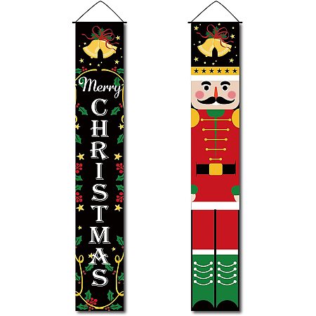 CREATCABIN Christmas Nutcracker Banners Christmas Tree Jingle Bells Soldier Figures Model Door Decor Porch Sign for Indoor Outdoor Holiday Home Party Porch Wall Xmas 11.8 x 70.8inch Black
