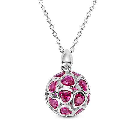 SHEGRACE 925 Sterling Silver Pendant Necklaces, with Red Corundum, Round with Heart, Hot Pink, Platinum, 15.75 inch(40cm), Round: 14.5mm