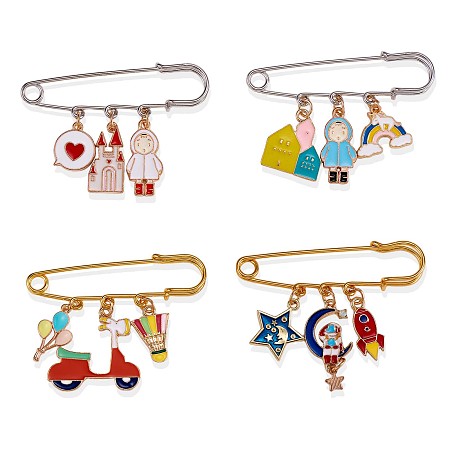 Arricraft 4Pcs 4 Style Castle & Girl & Planet & Motorbike Enamel Charms Safety Pins Brooches, Cute Cartoon Alloy Badges for Sweater Shirt Dresses Decoration Accessories, Golden, Mixed Color, 64x17mm, 1Pc/style