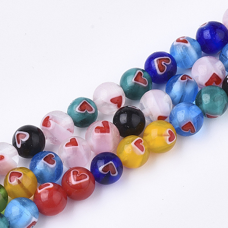 ARRICRAFT Handmade Lampwork Beads Strands, Round with Heart, Mixed Color, 6mm, Hole: 1mm, about 65pcs/strand, 14.9 inches
