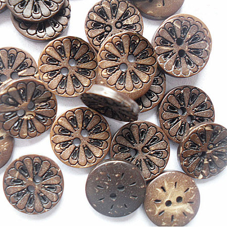 Honeyhandy Round Carved 2-hole Basic Sewing Button, Coconut Button, BurlyWood, about 13mm in diameter, about 100pcs/bag