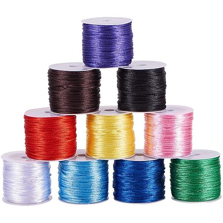 PandaHall Elite 10 Color 1.5mm Rattail Satin Nylon Trim Silk Cord for Friendship Bracelet Braided Necklace, Chinese Knot, Macramé, Trim, Jewelry Making, 150 Yards Totally