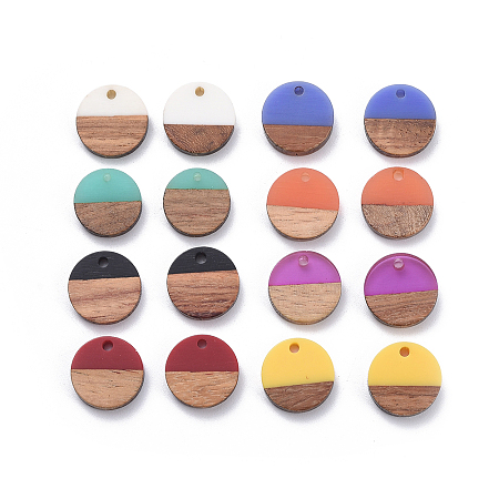 8 Colors Resin & Walnut Wood Pendants, Flat Round, Mixed Color, 15~15.5x3~4mm, Hole: 1.8mm; 2pcs/color, 16pcs/set