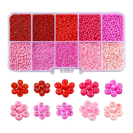 8500Pcs 10 Style Glass Seed Beads, Round, 12/0, Pink, 1.5~2.5mm, Hole: 0.5~1mm, 13g, 850pcs/style, 8500pcs/box