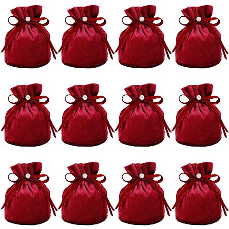 NBEADS 12 Pcs Velvet Bags, Drawstring Pouches Jewelry Storage Bags with Plastic Imitation Pearl for Christmas Wedding Birthday Party Favors, Dark Red, 13.2x14cm