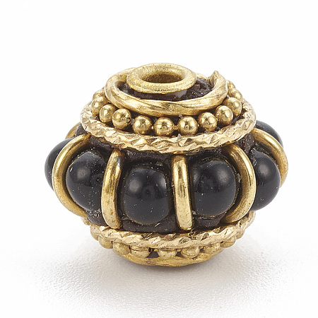 Honeyhandy Handmade Indonesia Beads, with Golden Tone Brass Findings, Lantern, Black, 11x14x13mm, Hole: 1.5mm