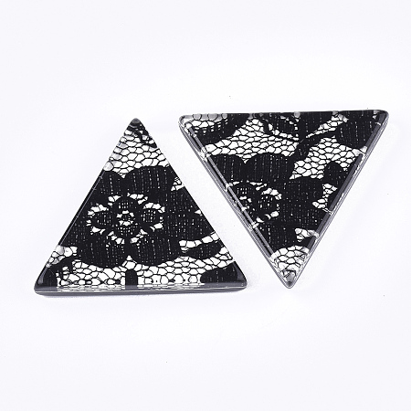 Honeyhandy Resin Cabochons, with Lace Inside, Triangle, Black, 36.5x41x7.5mm